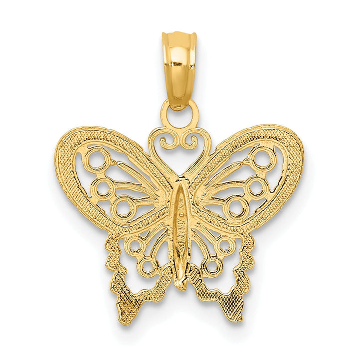 14K Yellow Gold Open Back Solid Polished Finish Textured Filigree Beaded Butterfly Charm Pendant