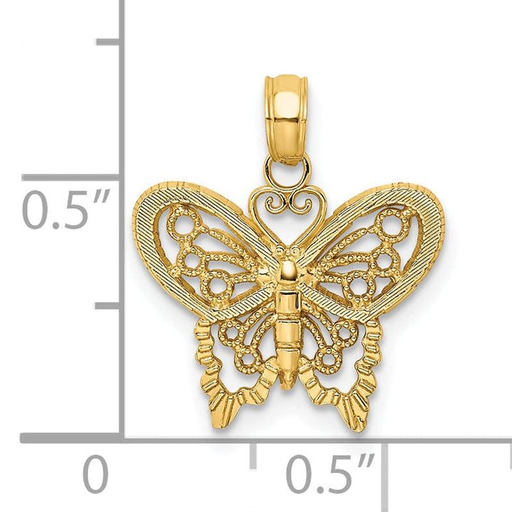 14K Yellow Gold Open Back Solid Polished Finish Textured Filigree Beaded Butterfly Charm Pendant