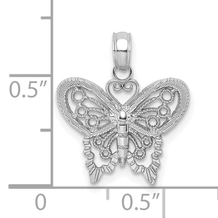 14K White Gold Open Back Solid Polished Finish Textured Filigree Beaded Butterfly Charm Pendant