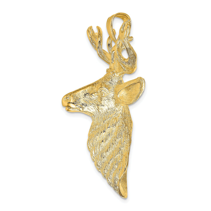 14K Yellow Gold Textured Polished Finish 3D Deer Head with Antlers Charm Pendant