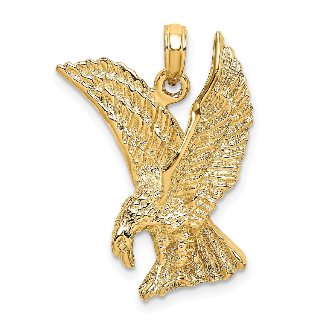 14K Yellow Gold Textured Polished Finish Eagle Landing with Wings Up Charm Pendant