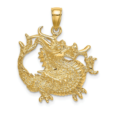 14K Yellow Gold Textured Polished Finish 3-Dimensional Dragon Design Charm Pendant