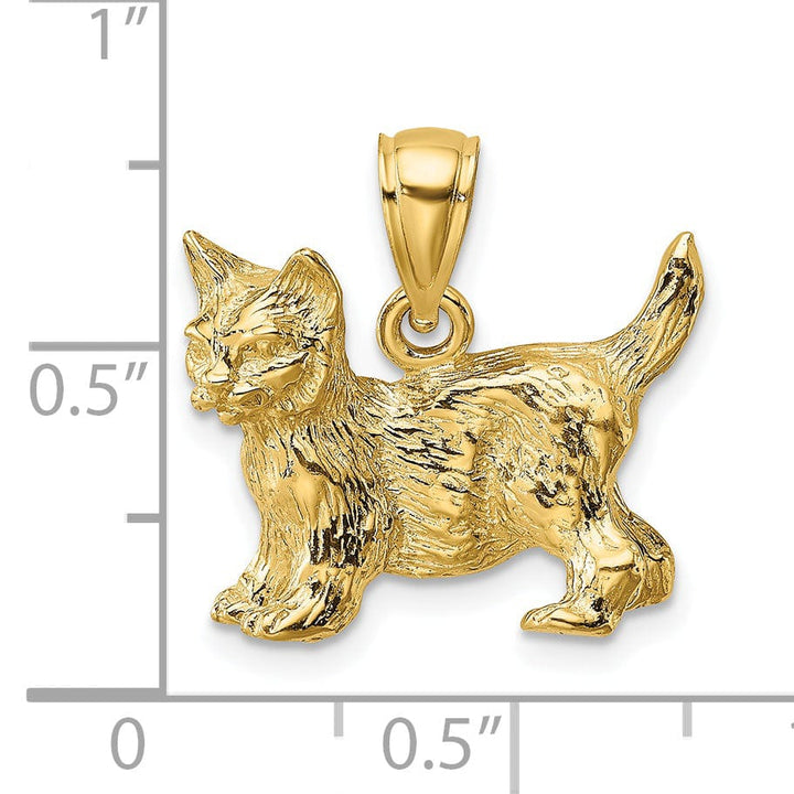 14K Yellow Gold Open Back Textured Polished Finish Cat Standing with Raised Tail Charm Pendant