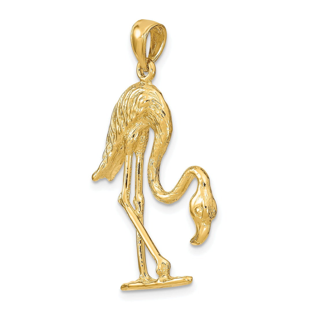 14k Yellow Gold Textured Polished Finish 3-Dimensional Flamingo Bird Charm Pendant