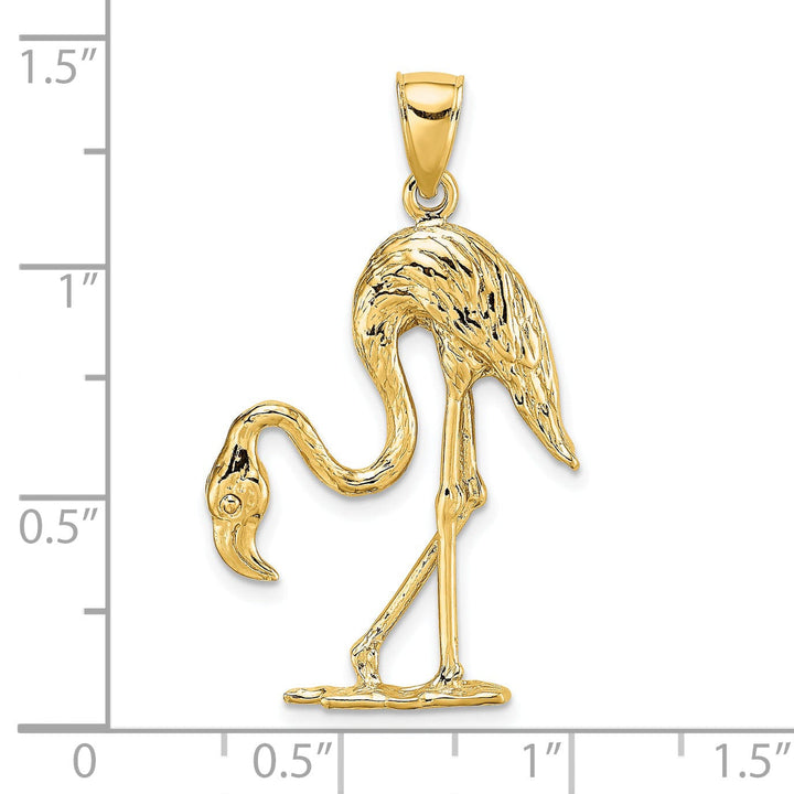 14k Yellow Gold Textured Polished Finish 3-Dimensional Flamingo Bird Charm Pendant