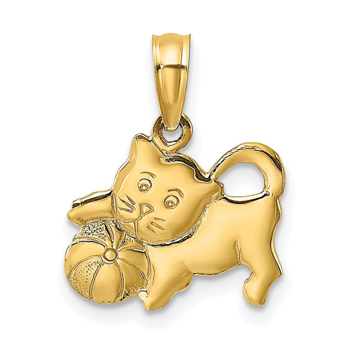 14k Yellow Gold Polished Finish 3-Dimensional Kitten Cat Playing with Ball Design Charm Pendant