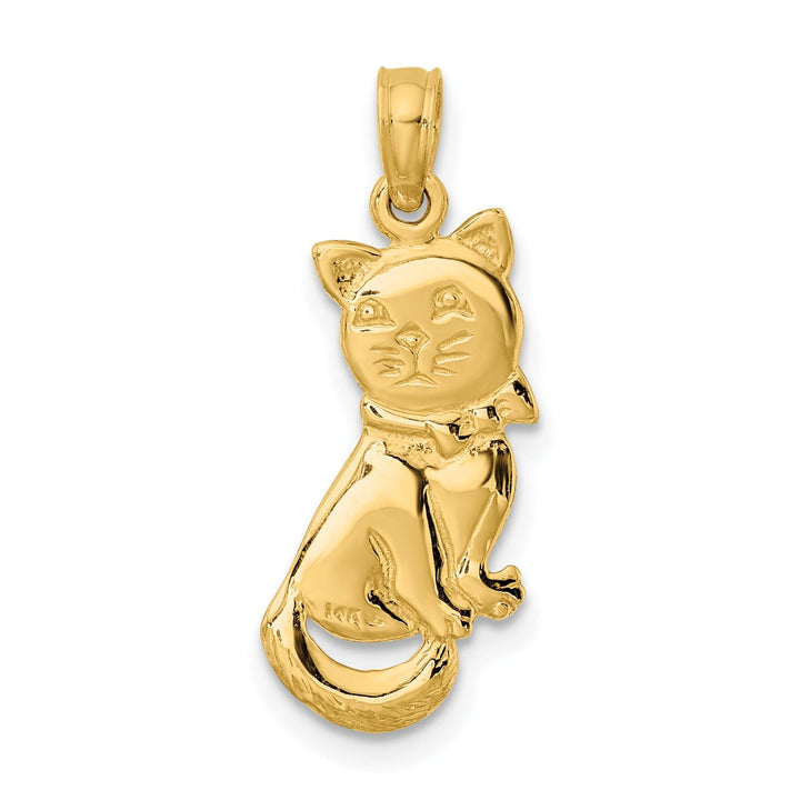 14k Yellow Gold Polished Finish 3-Dimensional Kitten Cat With Bow Sitting Design Charm Pendant