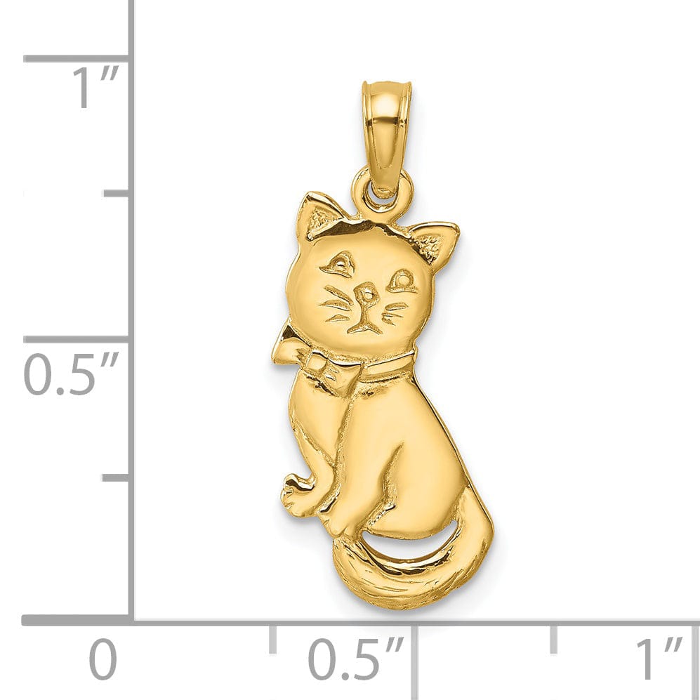 14k Yellow Gold Polished Finish 3-Dimensional Kitten Cat With Bow Sitting Design Charm Pendant