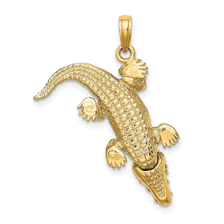 14K Yellow Gold Textured Polished Finish 3-Dimensional Large Alligator with Moveable Mouth Charm Pendant