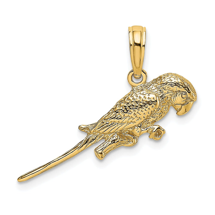 14K Yellow Gold Textured Solid Polished Finish 3-Dimensional Parrot Sitting on Branch Charm Pendant