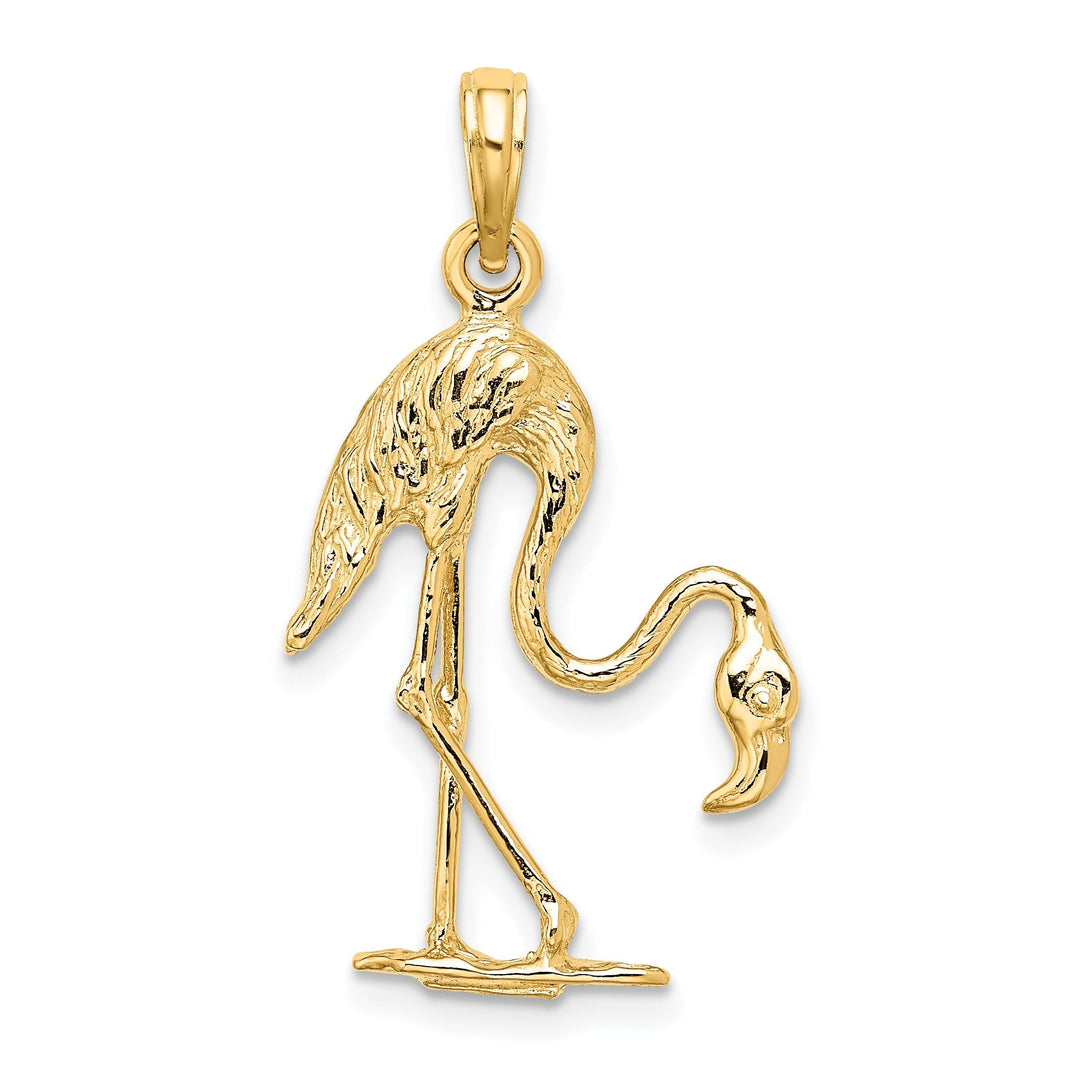 14K Yellow Gold Polished Textured Finish 3-Dimensional Flamingo Design Charm Pendant