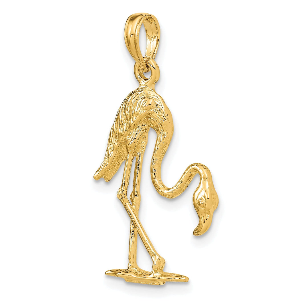 14K Yellow Gold Polished Textured Finish 3-Dimensional Flamingo Design Charm Pendant