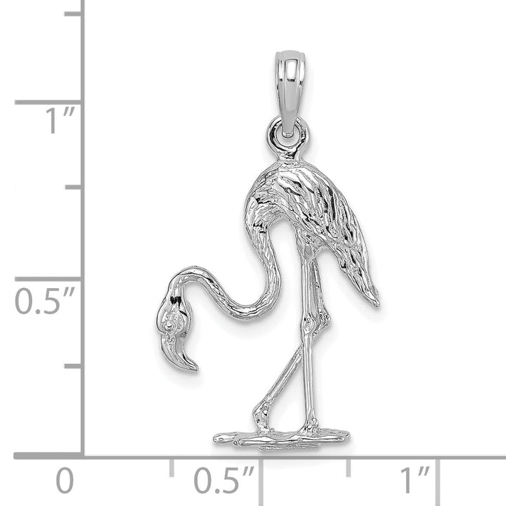 14K White Gold Polished Textured Finish 3-Dimensional Flamingo Design Charm Pendant