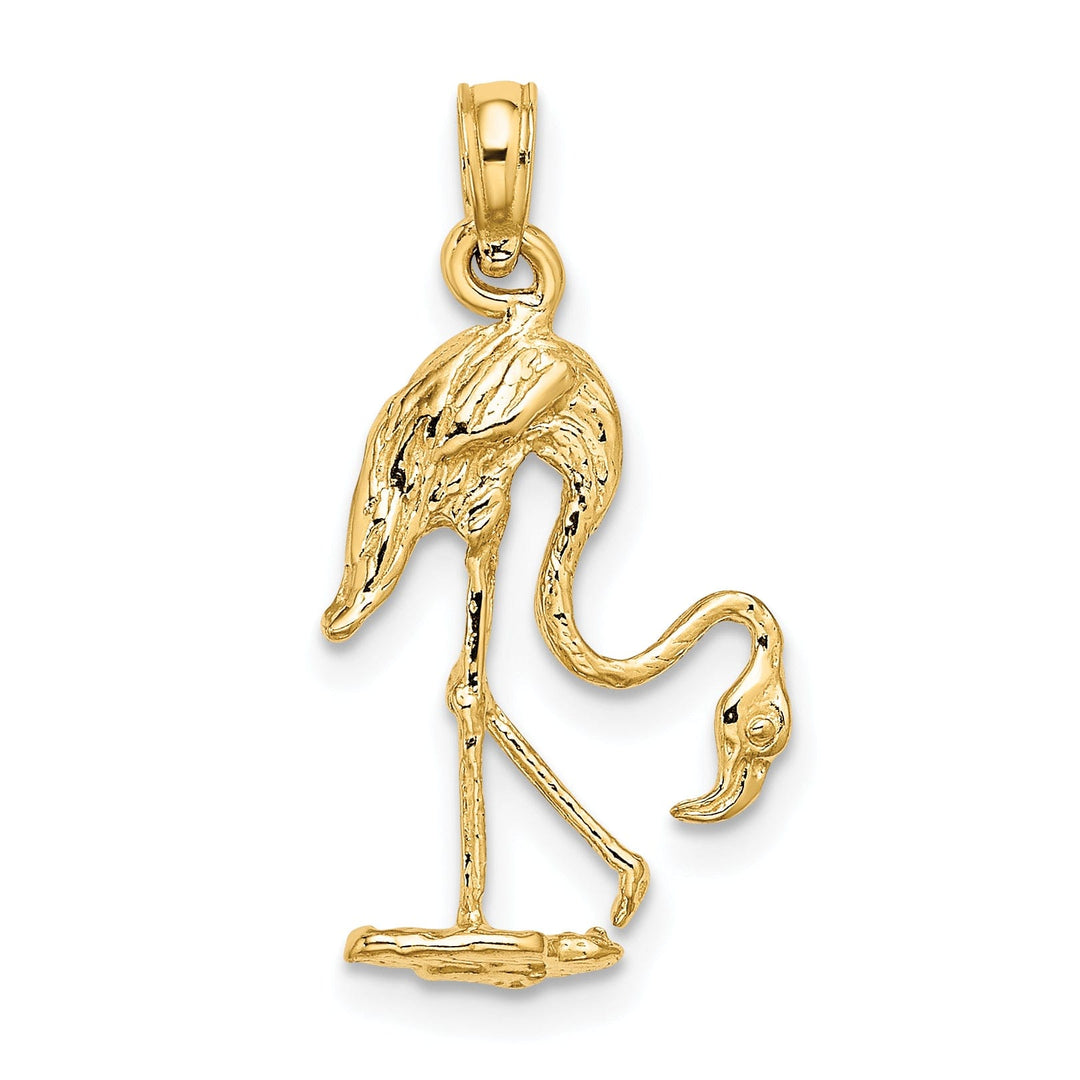 14K Yellow Golod Polished Textured Finish 3-Dimensional Flamingo Standing Charm Pendant