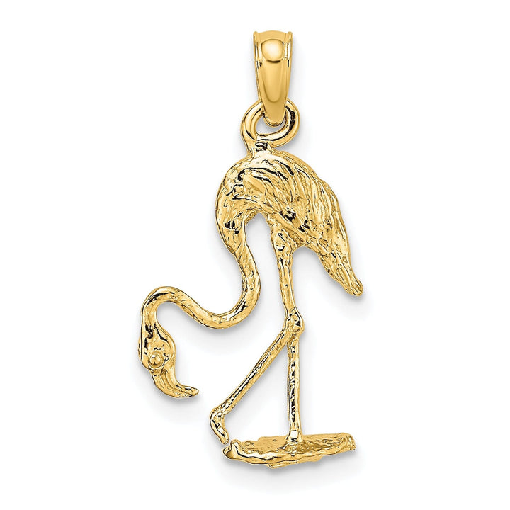 14K Yellow Golod Polished Textured Finish 3-Dimensional Flamingo Standing Charm Pendant