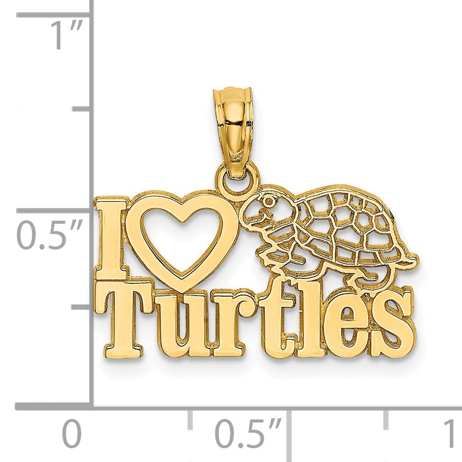 14k Yellow Gold Solid Polished Finish Casted I HEART TURTLES Charm Pendant