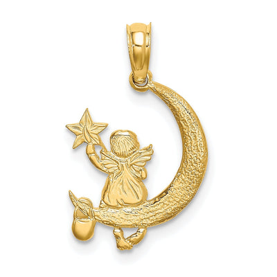 14K Yellow Gold Textured Polished Finish Angel Holding a Star Sitting on a Half Moon Charm Pendant at $ 72.44 only from Jewelryshopping.com