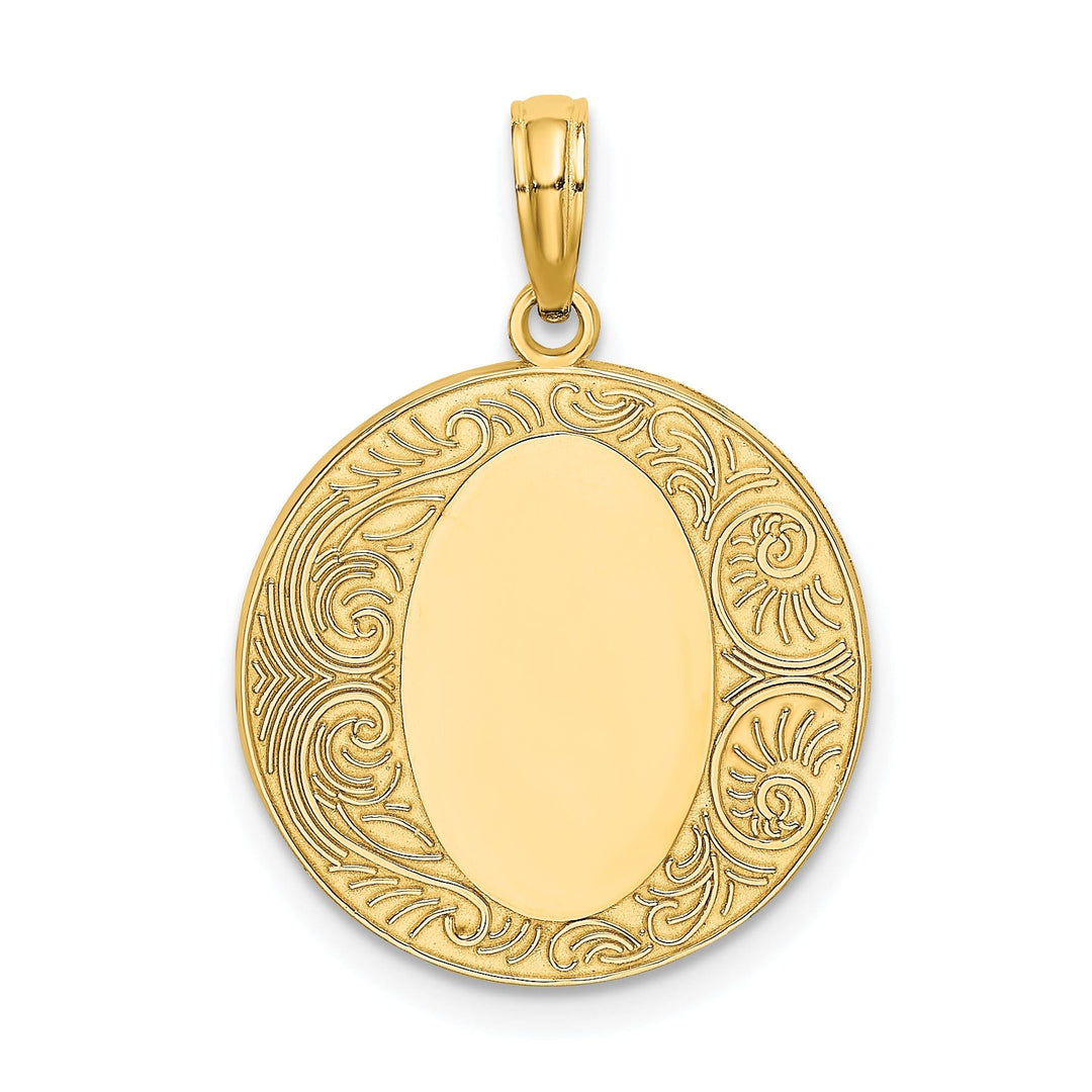 14K Yellow Gold Solid Polished Finish Circle Design Engraveable Oval Center Pendant