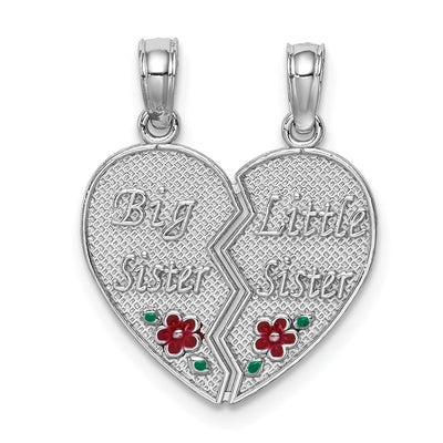 14K White Gold Textured, Red, Green Enamel Finish BIG-LITTLE SISTER Break Apart Heart Charm Pendant at $ 138.77 only from Jewelryshopping.com