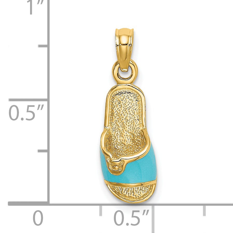 14k Yellow Gold 3-Dimensional Polished Aqua Color Enamel Finish Summer Slipper Charm Pendant