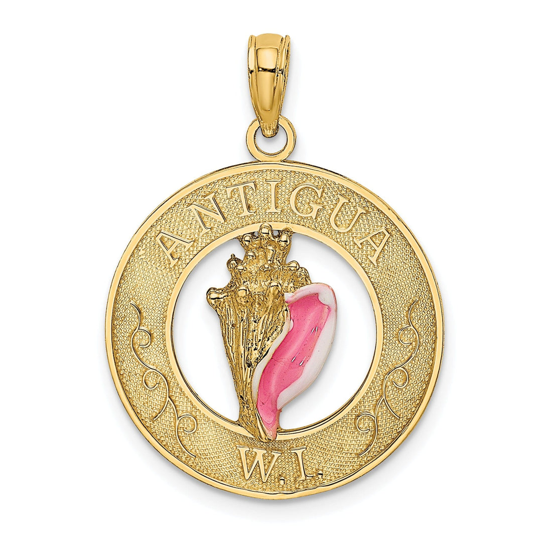 14K Yellow Gold Polished Pink Enameled Finish ANTIGUA, W.I Circle Design with Conch Shell Charm Pendant