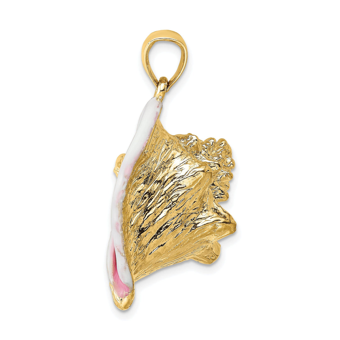 14K Yellow Gold 3-Dimensional Pink White Enameled Texture Polished Finish Large Size Men's Conch Shell Charm Pendant