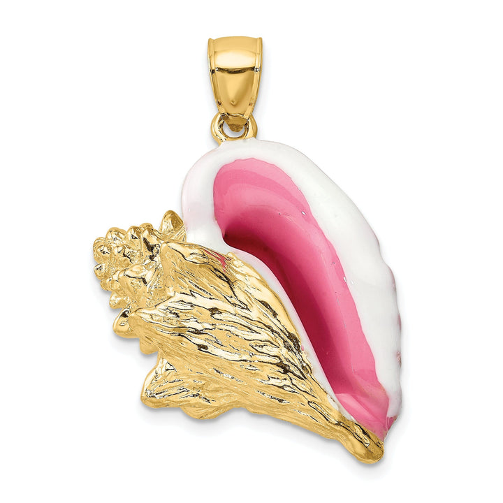 14K Yellow Gold 3-Dimensional Pink White Enameled Texture Polished Finish Large Size Men's Conch Shell Charm Pendant