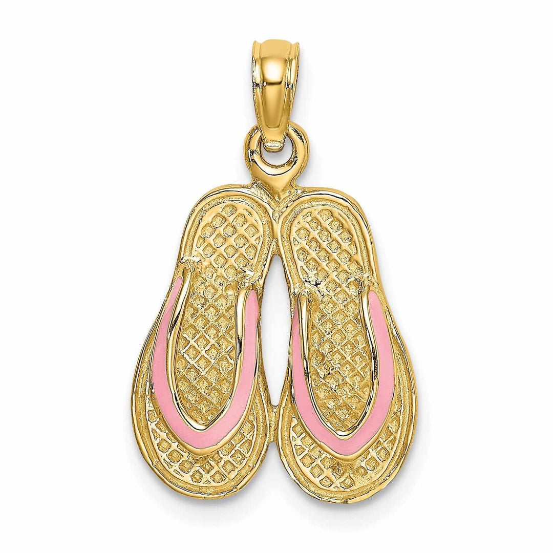 14k Yellow Gold 3-Dimensional Polished Pink Color Enamel Finish Double Flip-Flop Sandal Charm Pendant