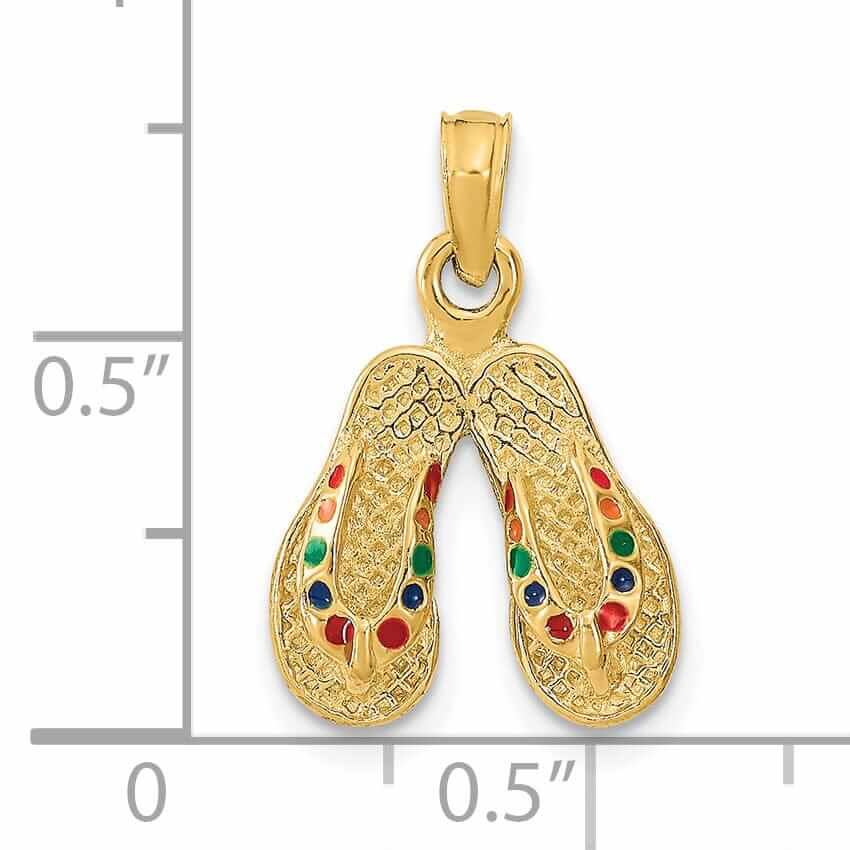 14k Yellow Gold 3-Dimensional Textured Polished Multi Color Enamel Finish Double Flip-Flop Sandal Charm Pendant