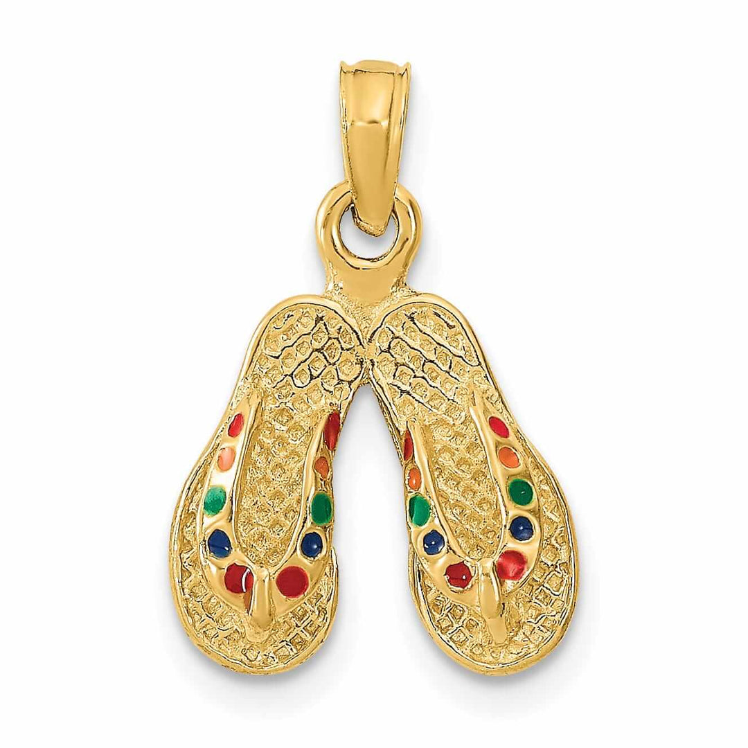 14k Yellow Gold 3-Dimensional Textured Polished Multi Color Enamel Finish Double Flip-Flop Sandal Charm Pendant