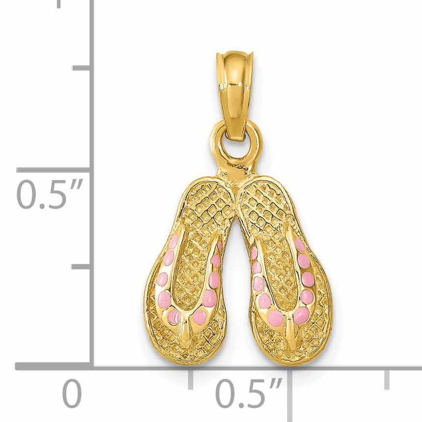 14k Yellow Gold 3-Dimensional Textured Polished Pink Color Enamel Finish Double Flip-Flop Sandal Charm Pendant