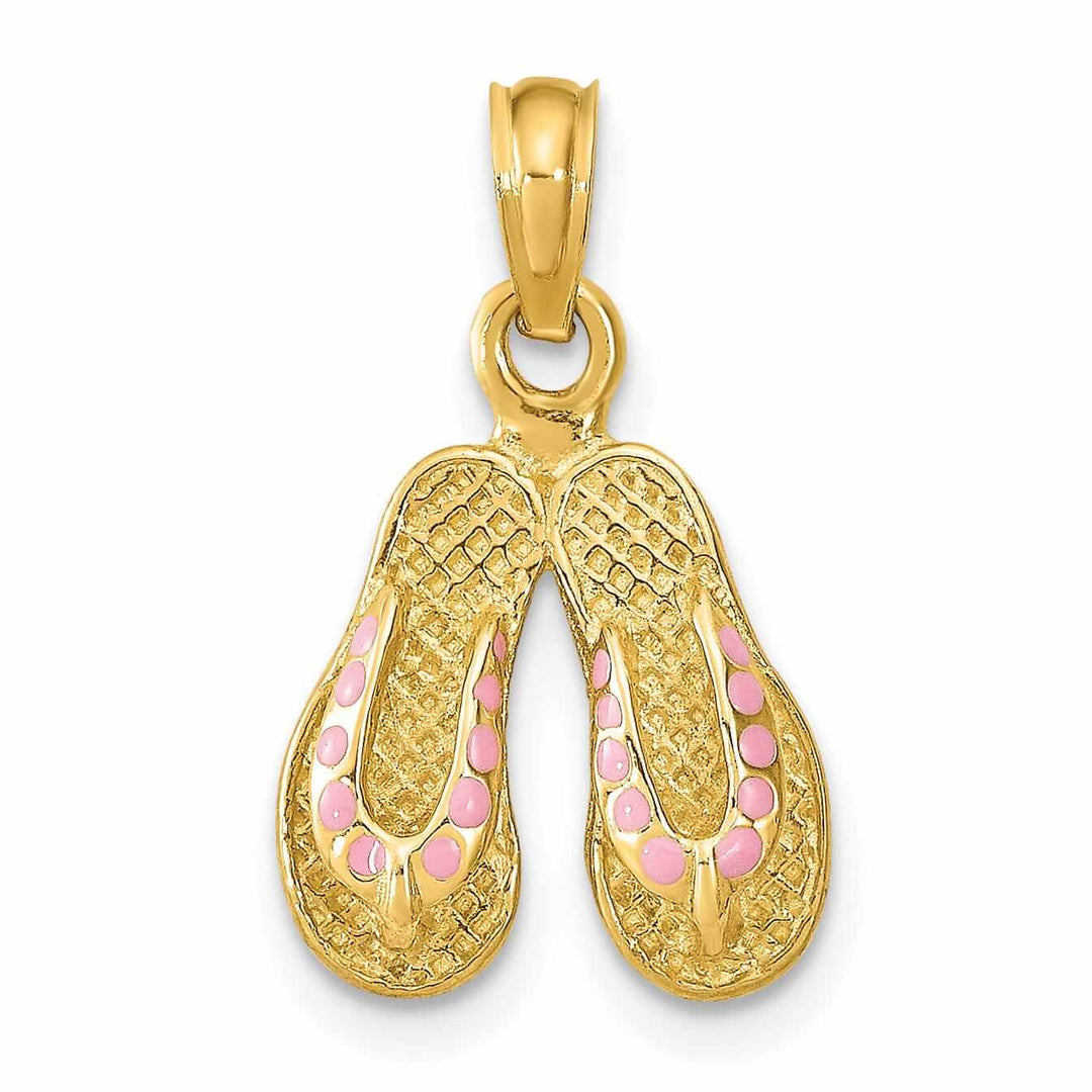 14k Yellow Gold 3-Dimensional Textured Polished Pink Color Enamel Finish Double Flip-Flop Sandal Charm Pendant