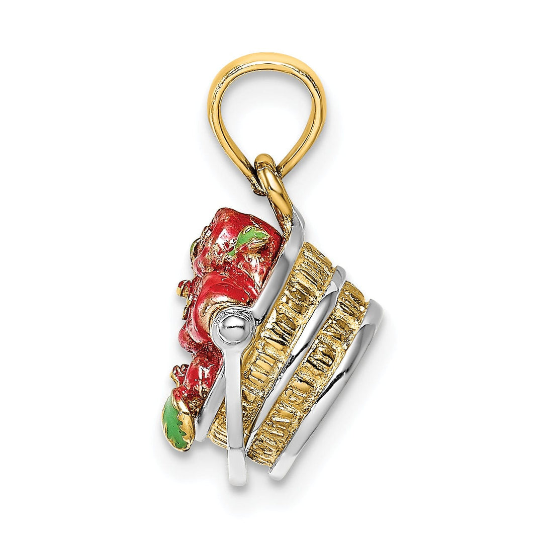 14K Yellow Gold with White Rhodium 3D Enamel Solid Polished Finish Apple Basket Charm Pendant