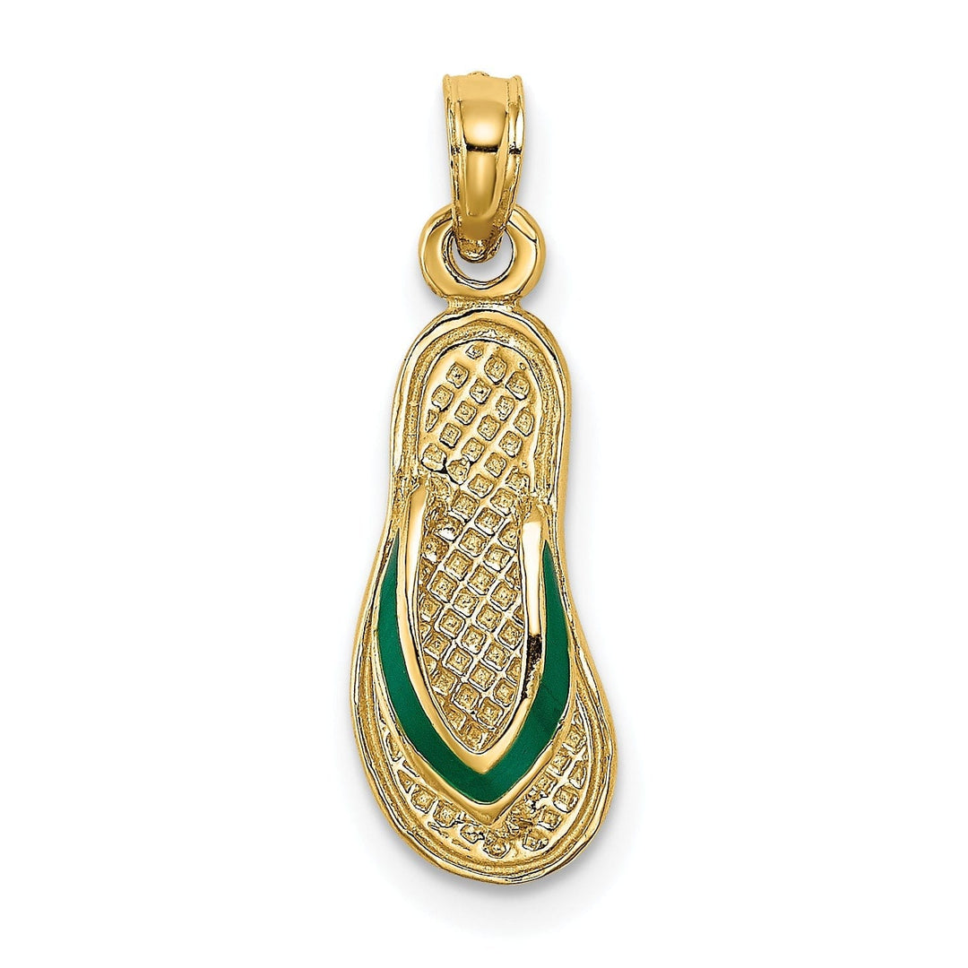 14k Yellow Gold Testure Polished Finish 3-Dimensional Polished Texture Green Enamel Finish Single Flip-Flop Sandle Charm Pendant