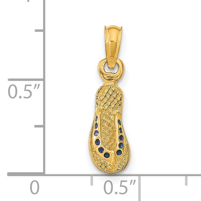 14k Yellow Gold Testure Polished Finish 3-Dimensional Polished Texture Blue Enamel Finish Single Flip-Flop Sandle Charm Pendant