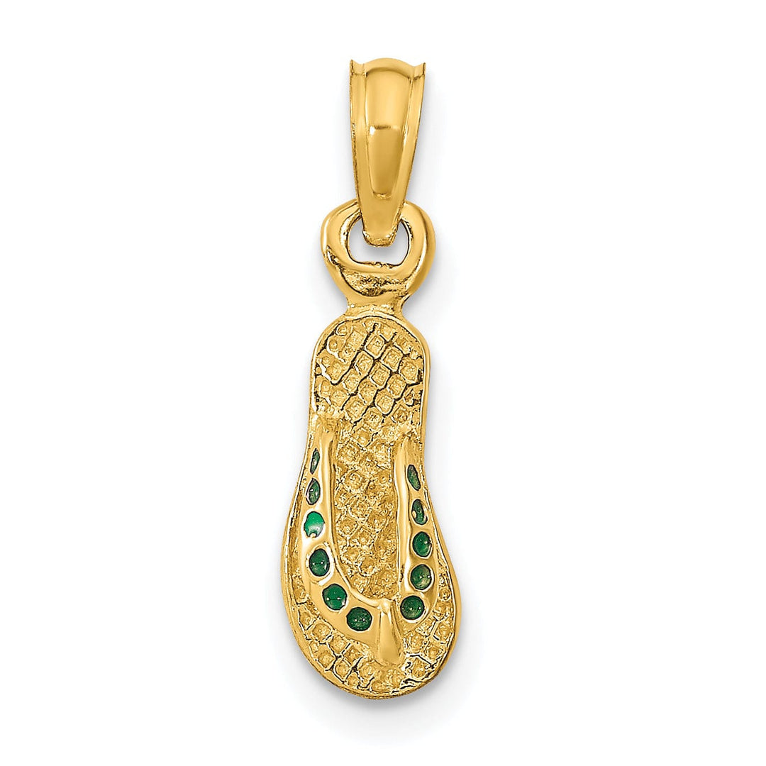 14k Yellow Gold Testure Polished Finish 3-Dimensional Polished Texture Green Enamel Finish Single Flip-Flop Sandle Charm Pendant