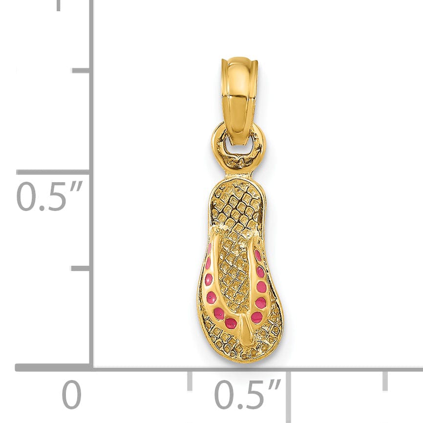 14k Yellow Gold Testure Polished Finish 3-Dimensional Polished Texture Pink Enamel Finish Single Flip Flop Sandle Charm Pendant