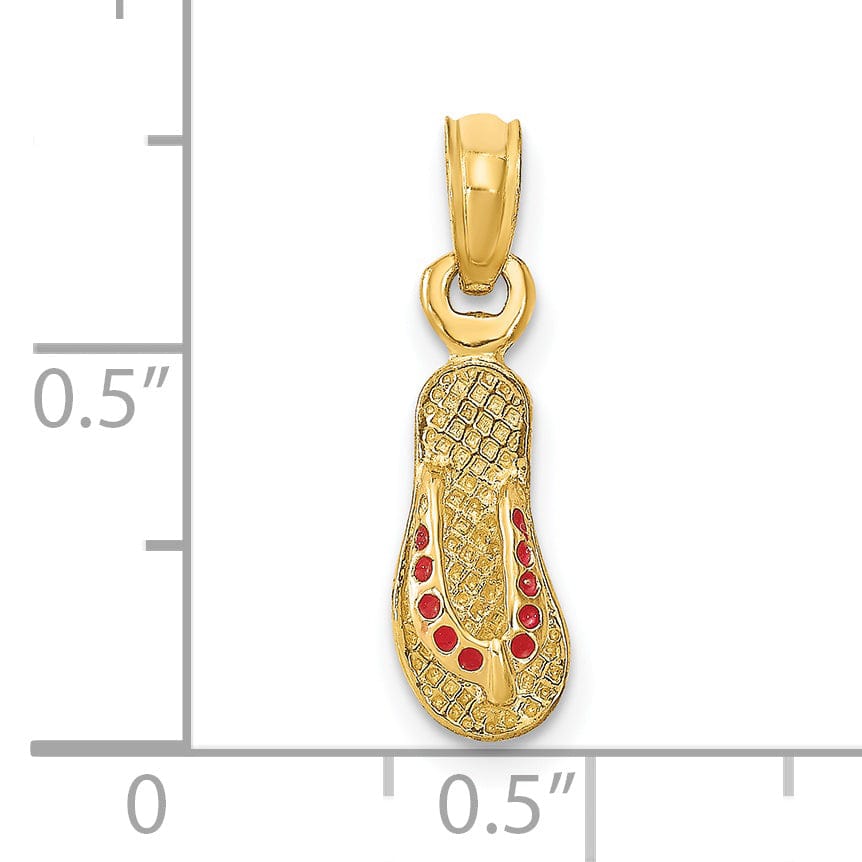 14k Yellow Gold Testure Polished Finish 3-Dimensional Polished Texture Red Enamel Finish Single Flip Flop Sandle Charm Pendant