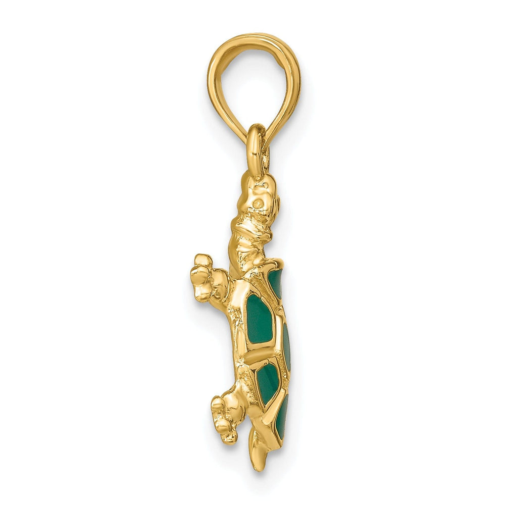 14k Yellow Gold Open Back Casted Solid Polished Finish Green Enamel Land Turtle Charm Pendant