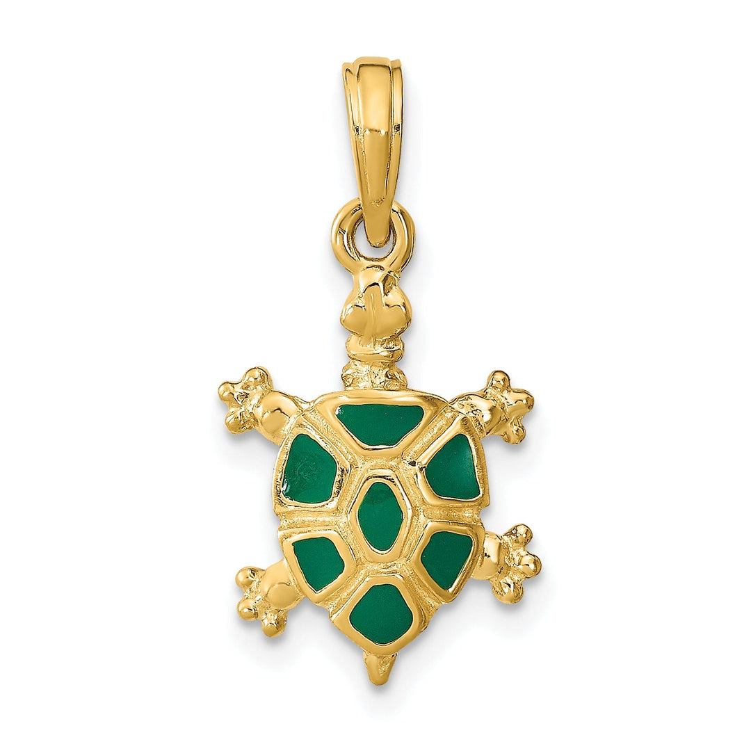 14k Yellow Gold Open Back Casted Solid Polished Finish Green Enamel Land Turtle Charm Pendant