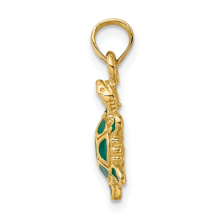 14k Yellow Gold Casted Solid Polished Finish Green Enamel 3D Land Turtle Charm Pendant