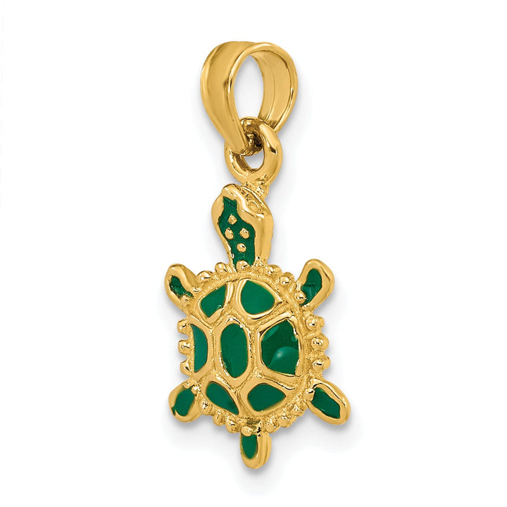 14k Yellow Gold Casted Solid Polished Finish Green Enamel 3D Land Turtle Charm Pendant