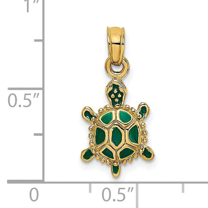 14k Yellow Gold Casted Solid Polished Finish Green Enamel 3D Land Turtle Charm Pendant