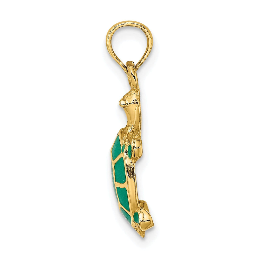 14k Yellow Gold Casted Solid Polished Finish Green Enamel Tortoise Charm Pendant