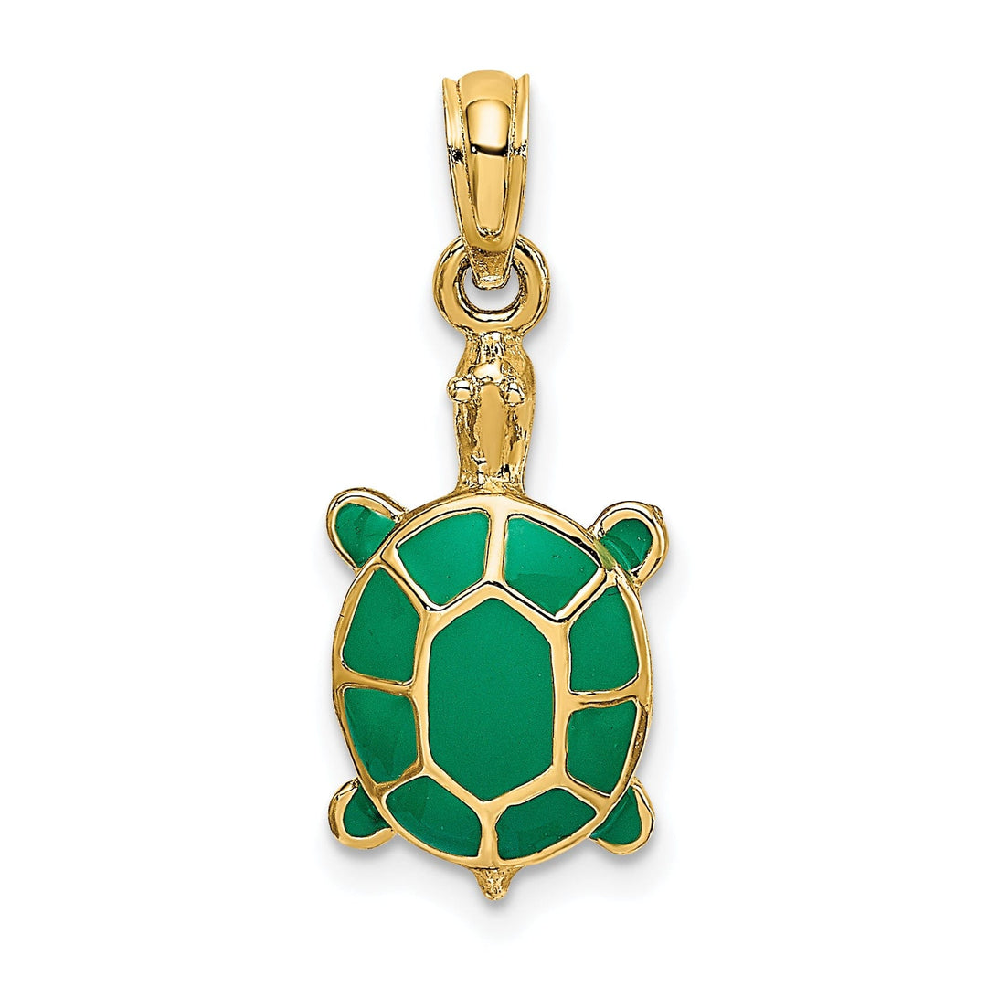 14k Yellow Gold Casted Solid Polished Finish Green Enamel Tortoise Charm Pendant