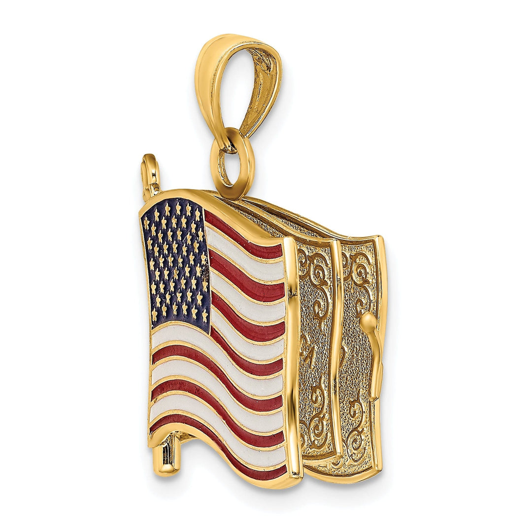 14K Yellow Gold Polished Textured Red,White & Blue Enamel Finish 3-Dimensional Moveable Pledge Of Allegiance Flag Book Design Charm Pendant