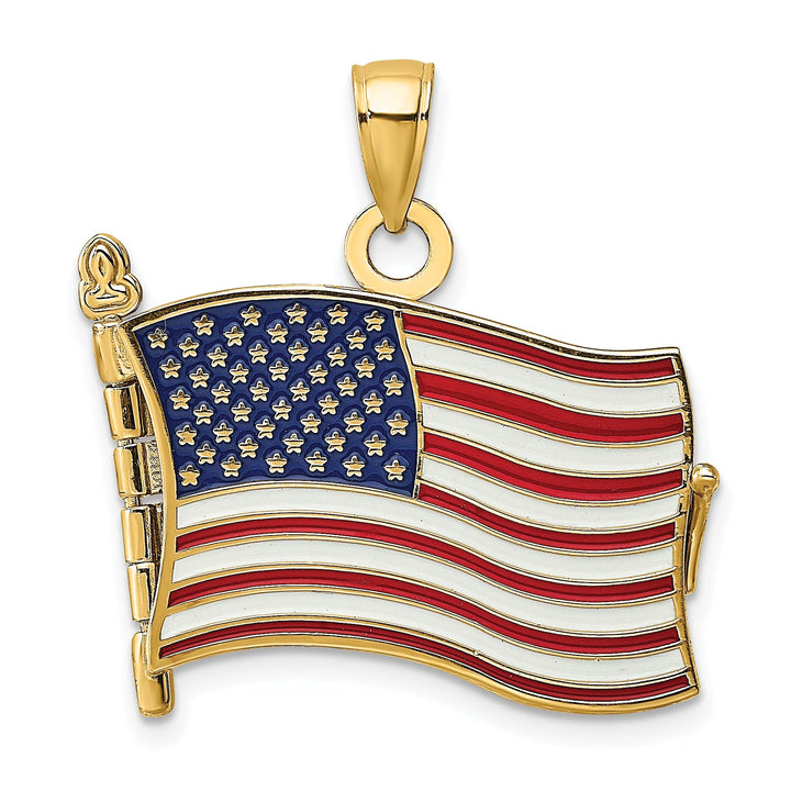 14K Yellow Gold Polished Textured Red,White & Blue Enamel Finish 3-Dimensional Moveable Pledge Of Allegiance Flag Book Design Charm Pendant