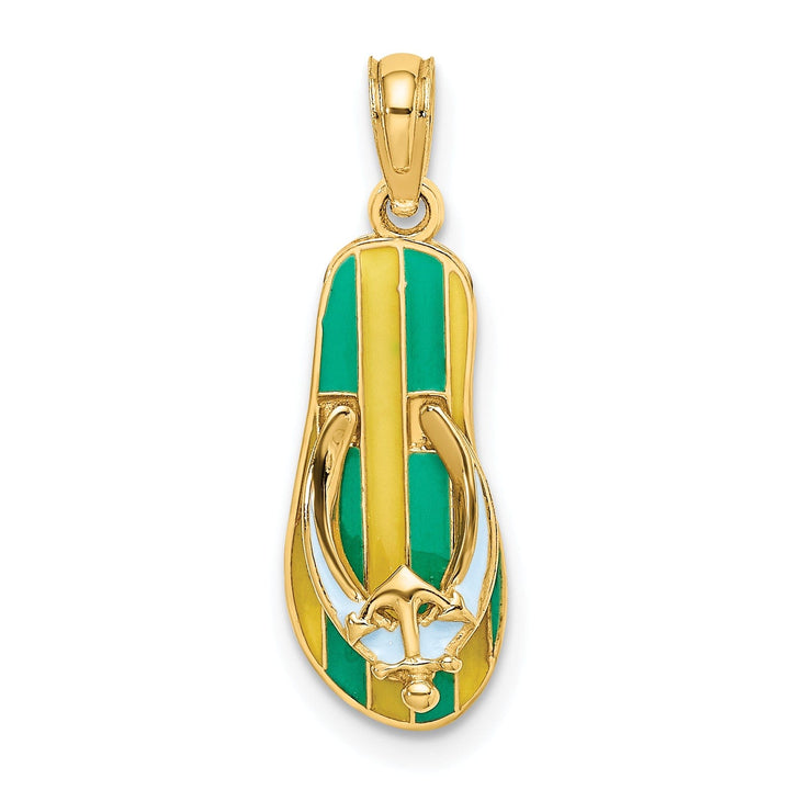 14K Yellow Gold 3-Dimensional Polished Texture Green Strip Enamel Finish with Anchor Flip-Flop Design Sandle Charm Pendant