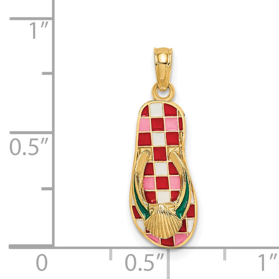 14K Yellow Gold 3-Dimensional Polished Texture Red Checkered Enamel Finish with Sea Shell Flip-Flop Design Sandle Charm Pendant