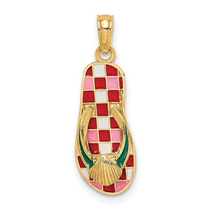 14K Yellow Gold 3-Dimensional Polished Texture Red Checkered Enamel Finish with Sea Shell Flip-Flop Design Sandle Charm Pendant